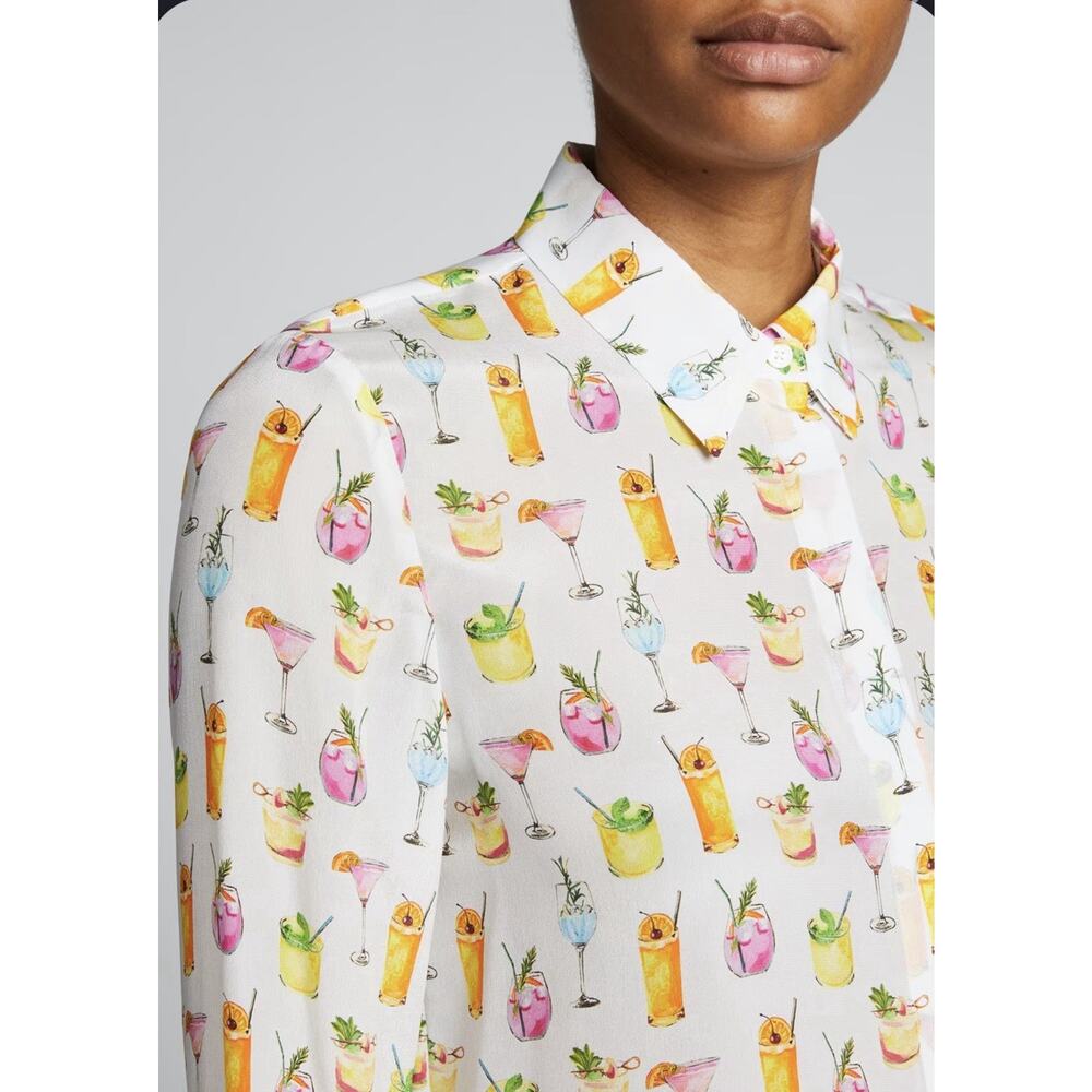 New Alice + Olivia 100% Silk Cocktail Button Down Top White Novelty Whimsical S